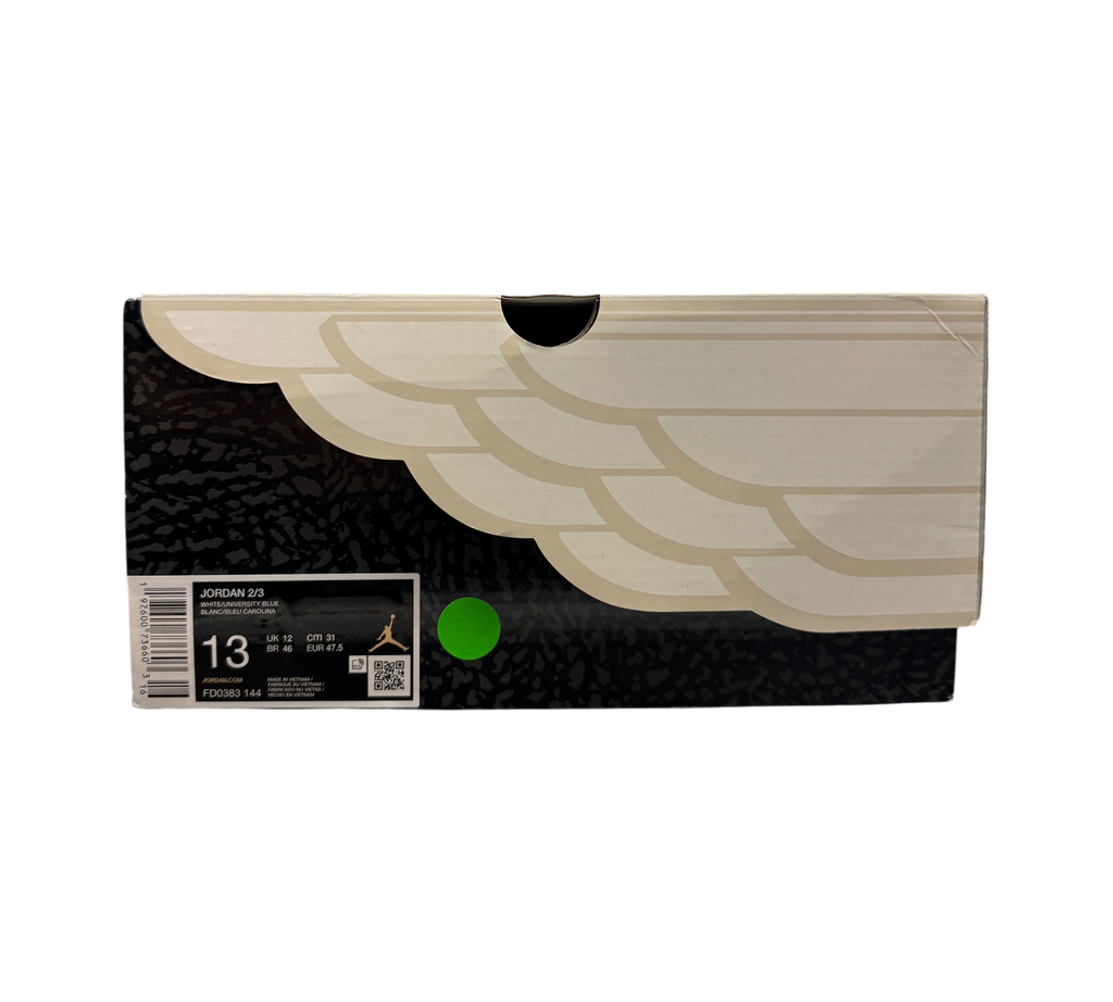 Genesis Boutique Jordan 2/3 UNC sneaker box with white wing graphic and size 13 label