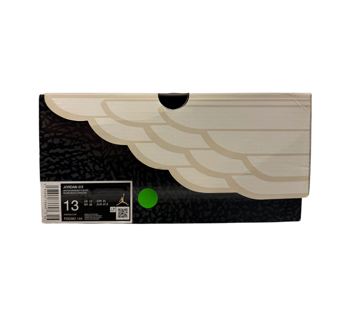 Genesis Boutique Jordan 2/3 UNC sneaker box with white wing graphic and size 13 label