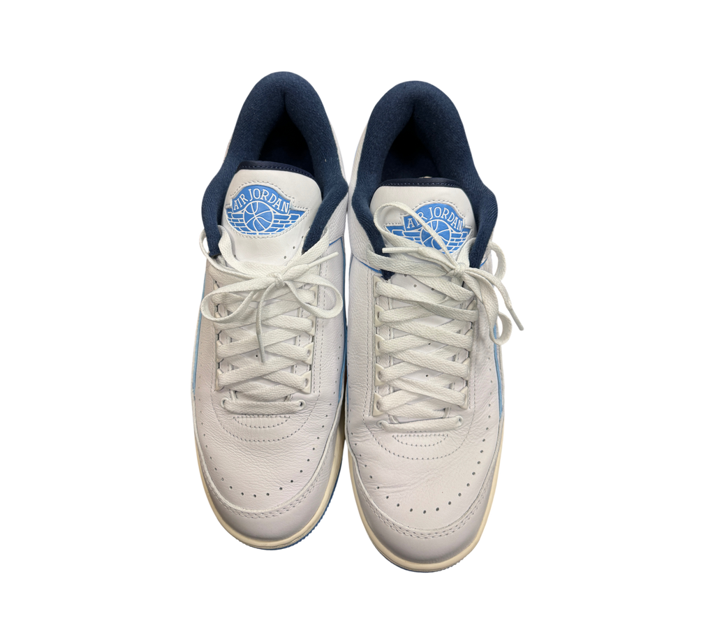 Genesis Boutique Jordan 2/3 UNC sneakers in white leather with university blue accents and navy blue lining