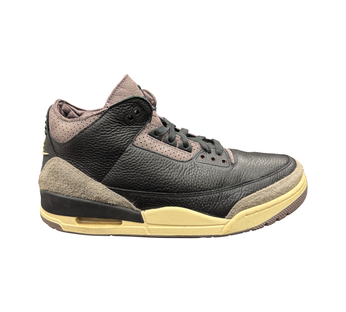 Genesis Boutique Jordan 3 A Ma Maniere sneakers in black leather with grey suede accents and a vintage cream midsole.