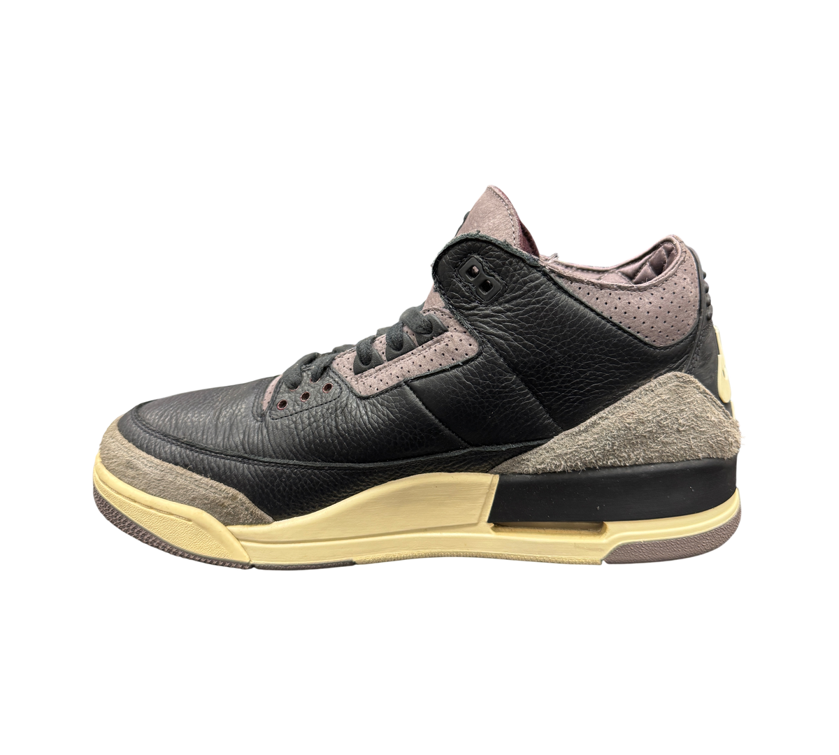 Genesis Boutique Jordan 3 A Ma Maniere sneaker in black leather with grey suede overlays and a cream midsole