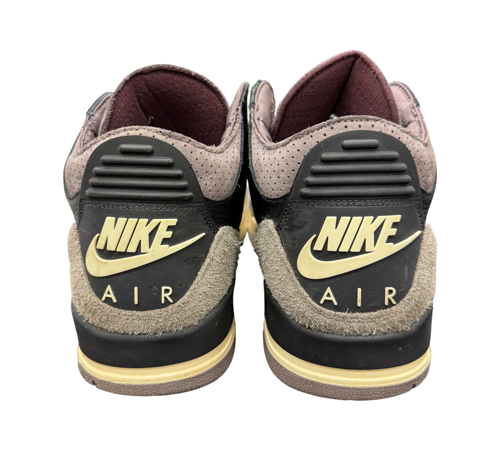 Genesis Boutique Jordan 3 A Ma Maniere sneakers showing the rear heel tabs with Nike Air branding and suede texture.