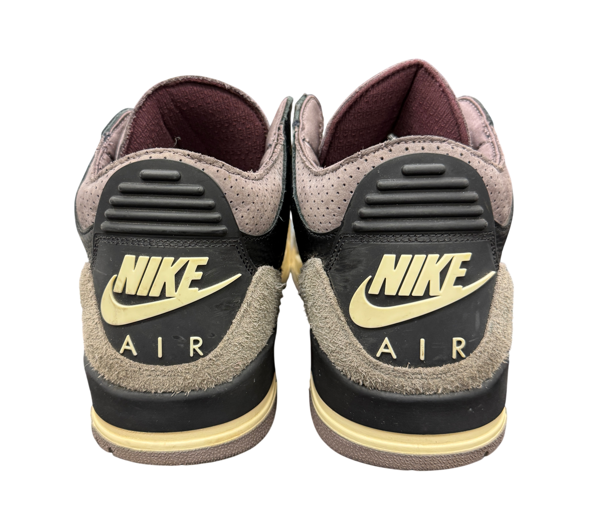 Genesis Boutique Jordan 3 A Ma Maniere sneakers showing the rear heel tabs with Nike Air branding and suede texture.