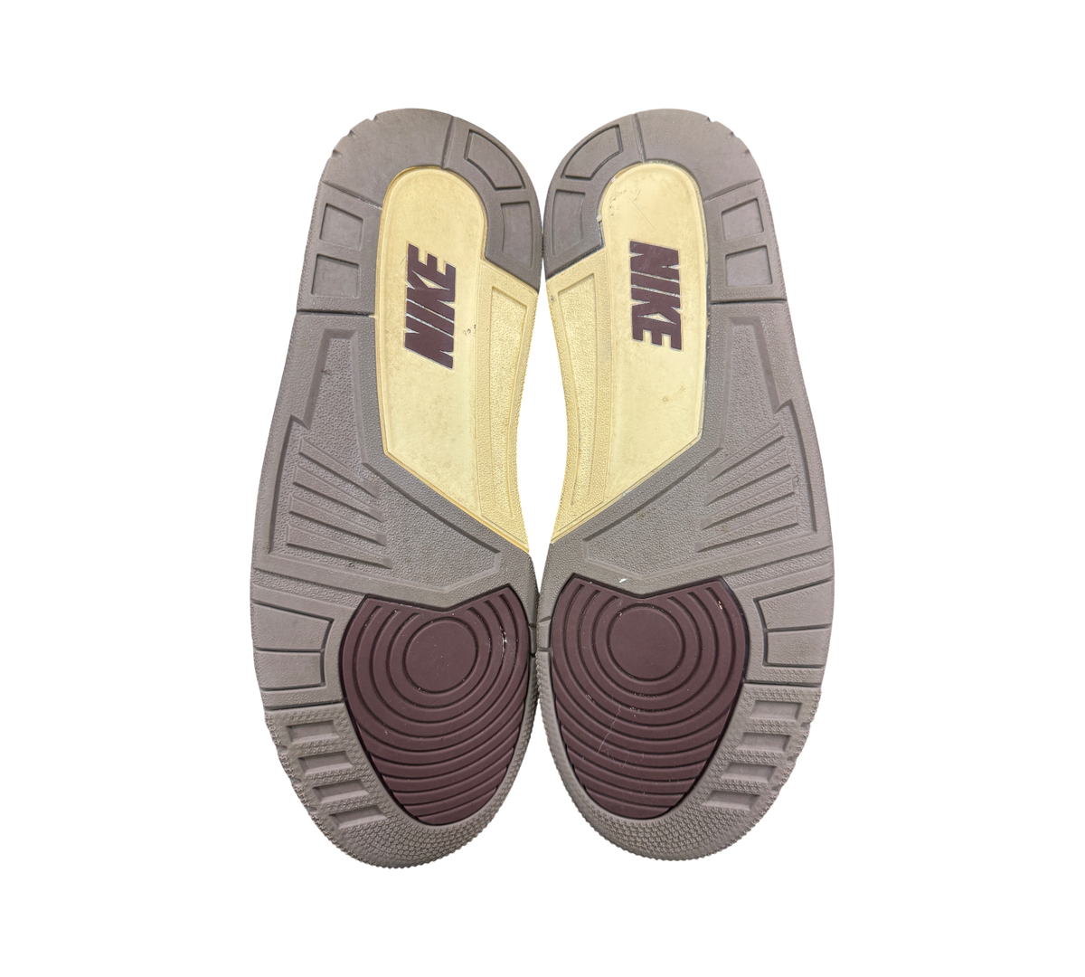 Genesis Boutique used Jordan 3 A Ma Maniere sneakers showing the brown and cream rubber outsoles with Nike branding