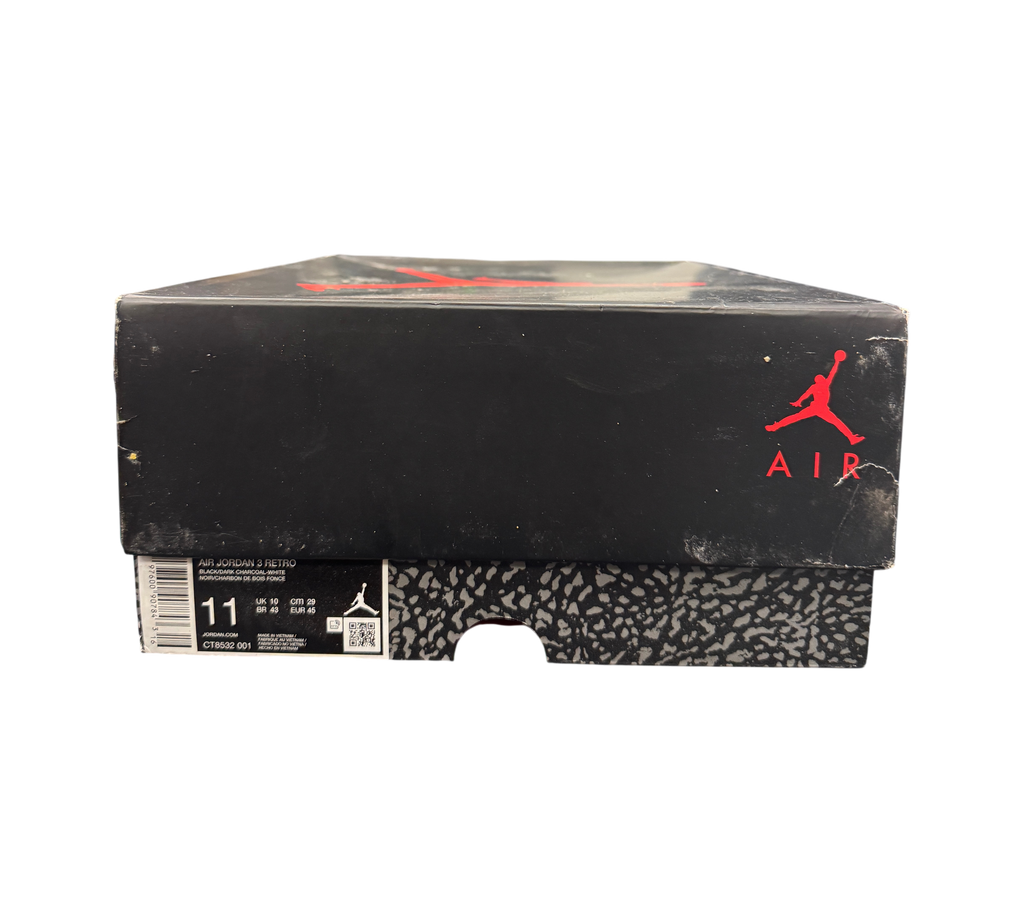Genesis Boutique Jordan 3 Black Cat sneaker box with red Jumpman logo and size 11 label on black background