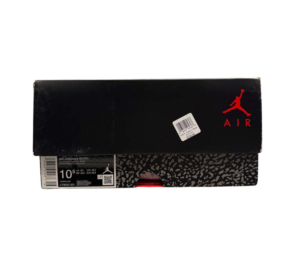 Genesis Boutique Jordan 3 Black Cat sneaker box with red Jumpman logo and size 10.5 label on a glass display counter