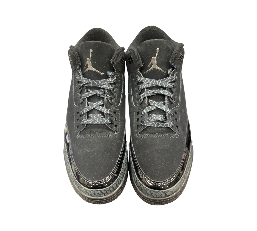 Genesis Boutique Jordan 3 Black Cat sneakers in black suede with signature elephant print and metallic Jumpman logo.