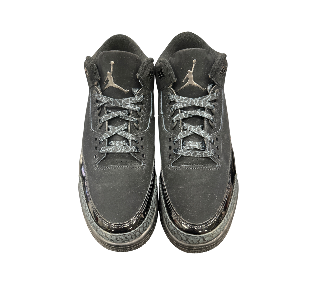 Genesis Boutique Jordan 3 Black Cat sneakers in black suede with signature elephant print and metallic Jumpman logo.