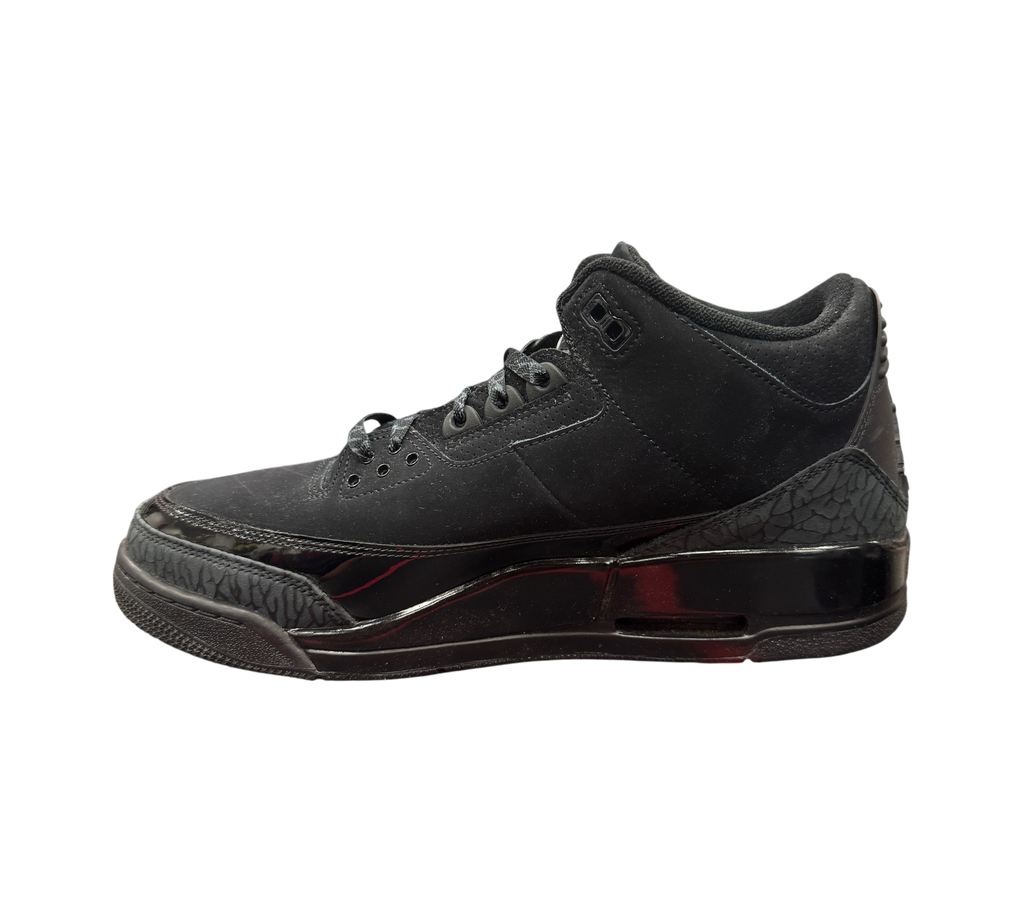 Genesis Boutique Jordan 3 Black Cat sneaker in all-black nubuck with signature elephant print and glossy midsole