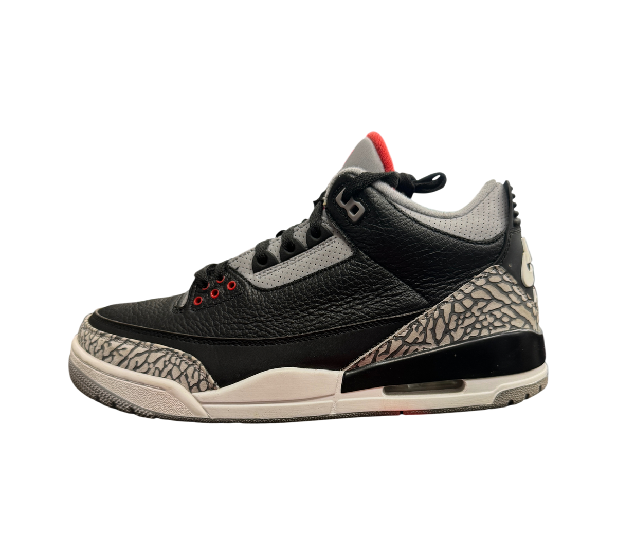 Genesis Boutique Jordan 3 2018 Black Cement sneakers featuring black leather, grey accents, and iconic elephant print.