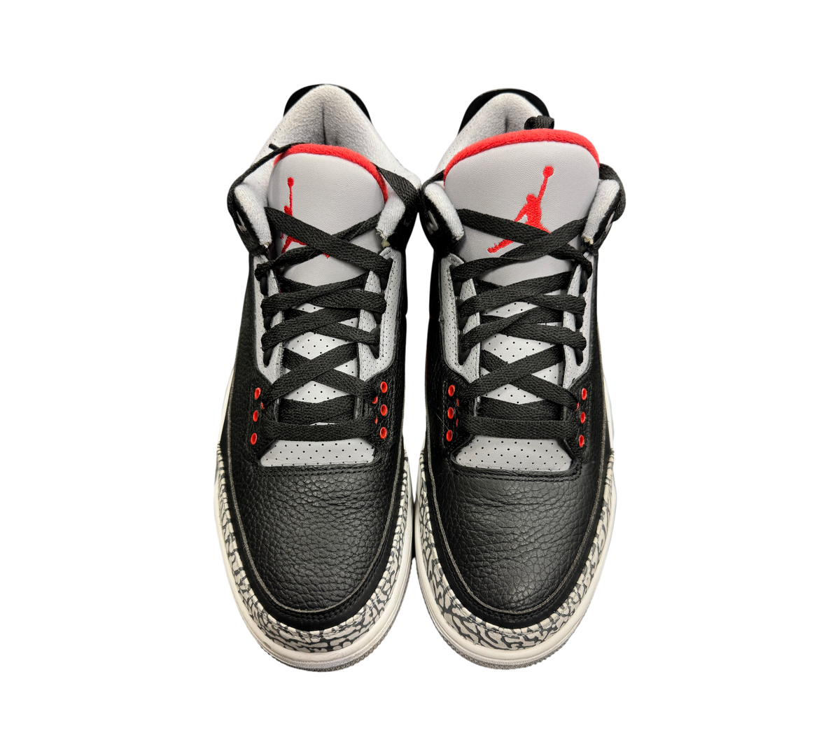 Genesis Boutique pre-owned Jordan 3 2018 Black Cement sneakers featuring iconic elephant print and red Jumpman logo.