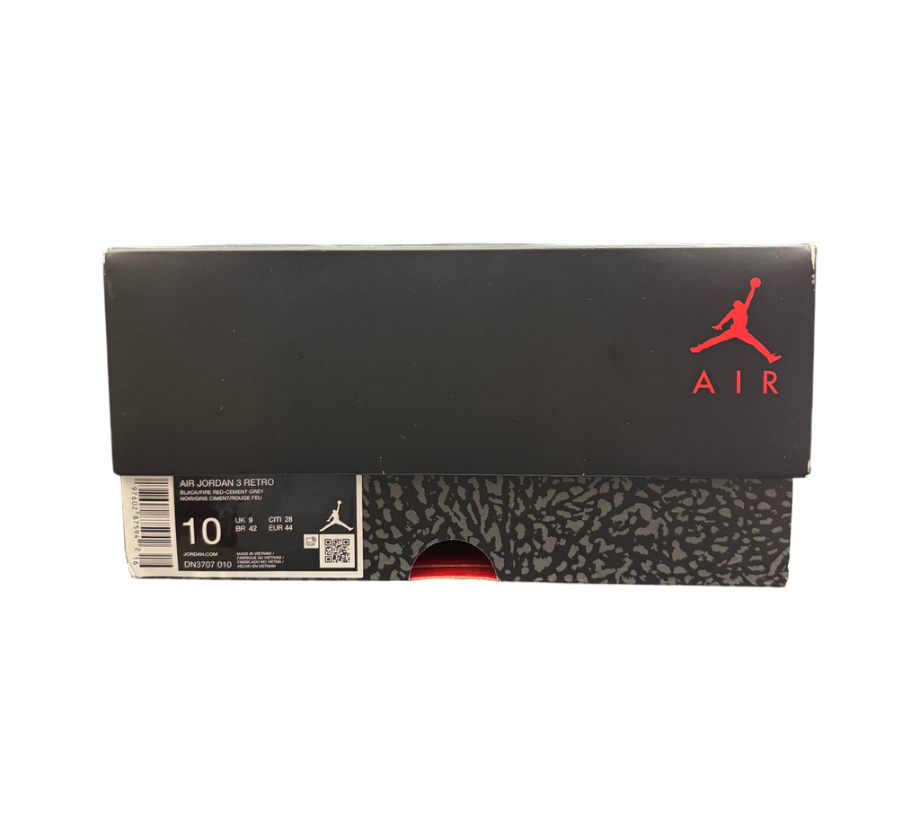 Genesis Boutique Jordan 3 Black Cement shoe box with red Jumpman logo and iconic elephant print detailing