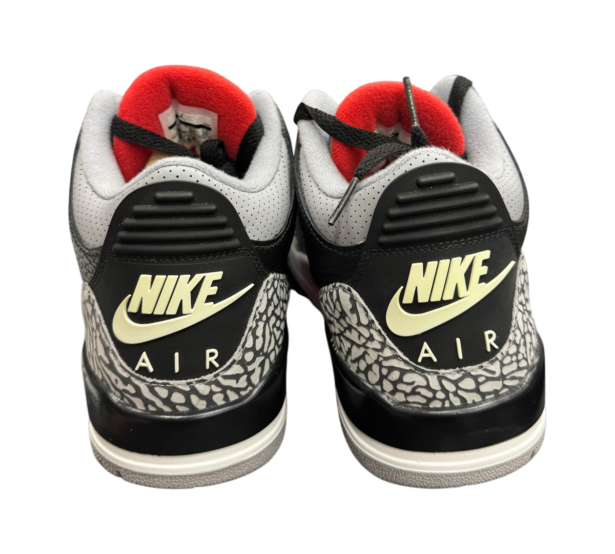 Genesis Boutique Jordan 3 Black Cement 2018 sneakers showing iconic elephant print and Nike Air heel branding