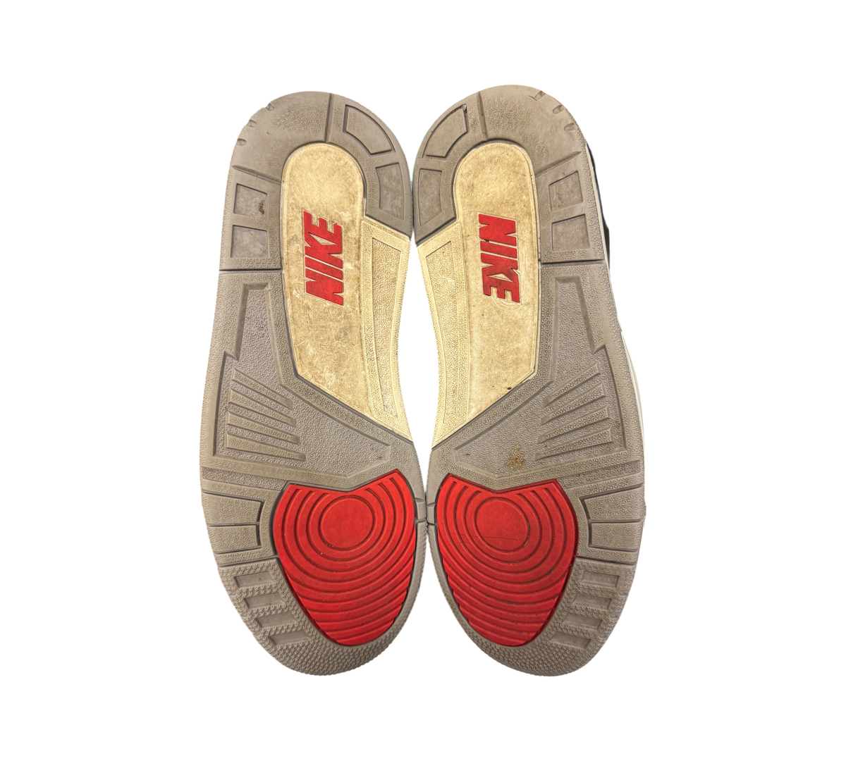 Genesis Boutique used Jordan 3 Black Cement sneakers showing worn grey and red rubber outsoles with Nike branding