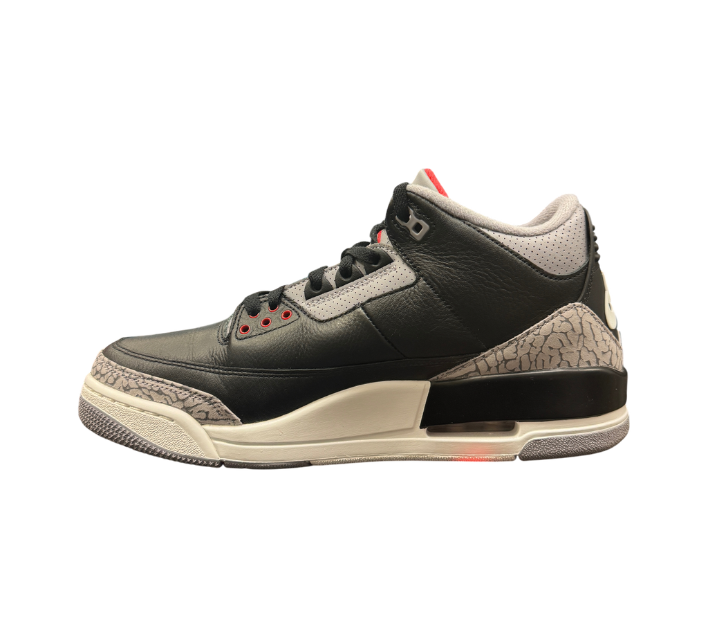Genesis Boutique Jordan 3 Black Cement sneakers in black leather with iconic grey elephant print and red accents