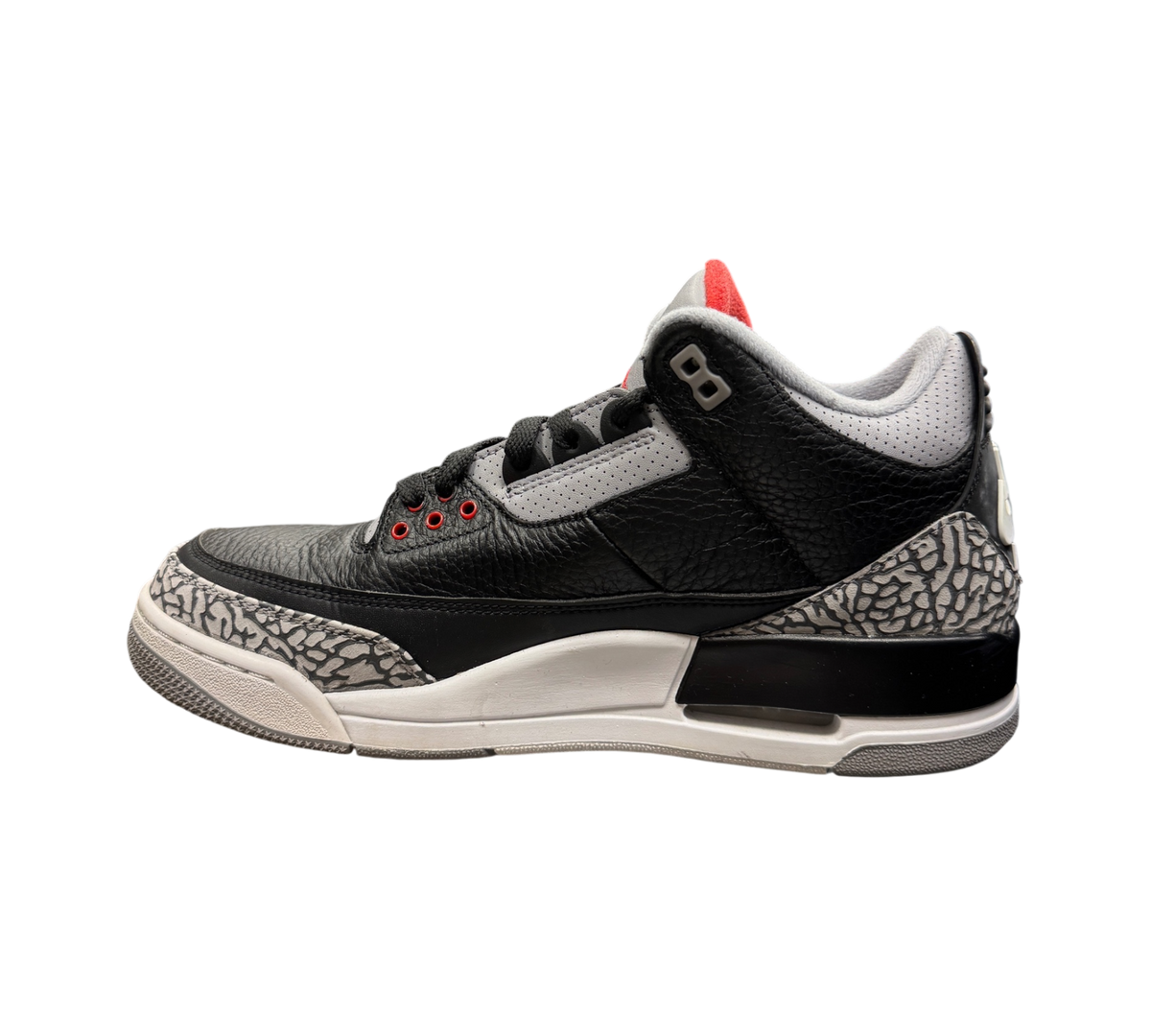 Genesis Boutique Jordan 3 2018 Black Cement sneakers featuring black leather and iconic grey elephant print overlays.