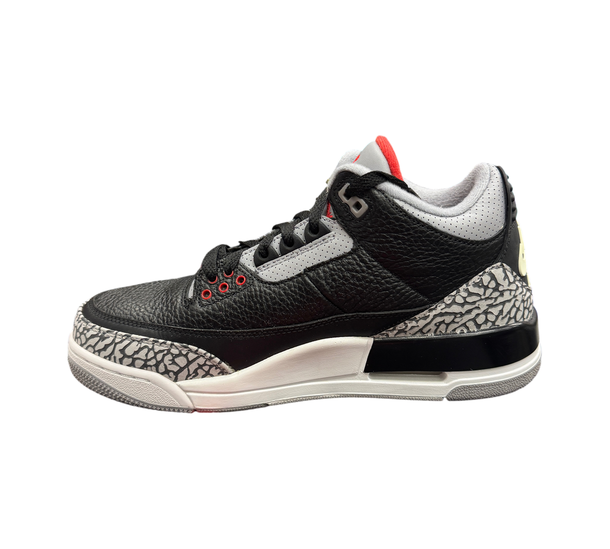 Genesis Boutique Jordan 3 2018 Black Cement sneakers featuring black tumbled leather and iconic grey elephant print.