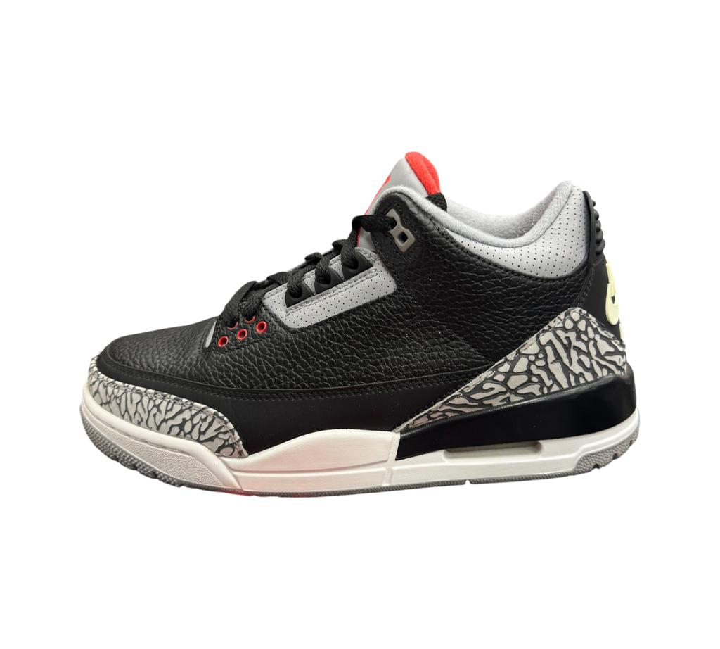 Genesis Boutique Jordan 3 2018 Black Cement sneakers featuring black leather, grey elephant print, and red accents.