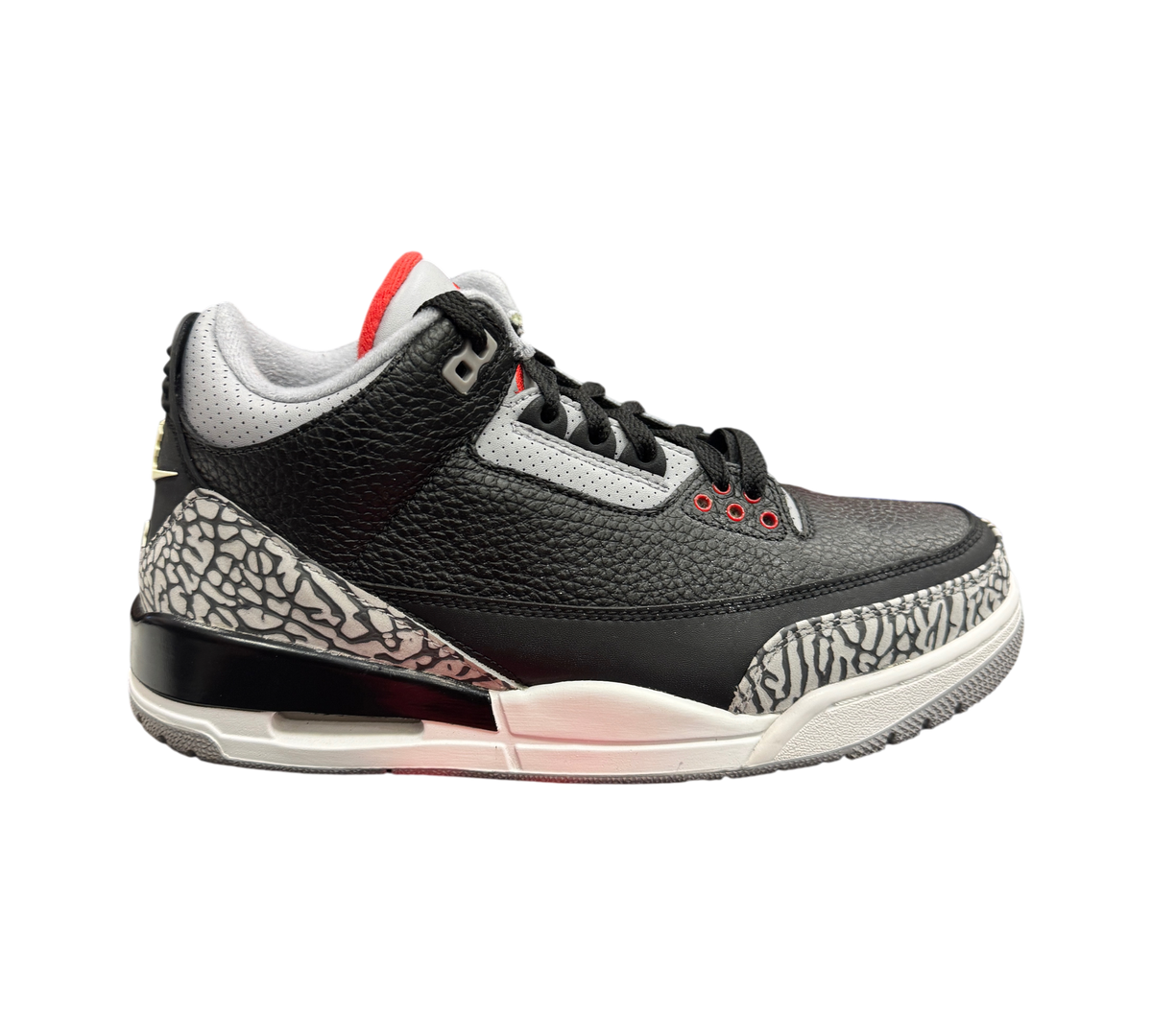 Genesis Boutique Jordan 3 Black Cement 2018 sneakers featuring black leather, grey elephant print, and red accents.