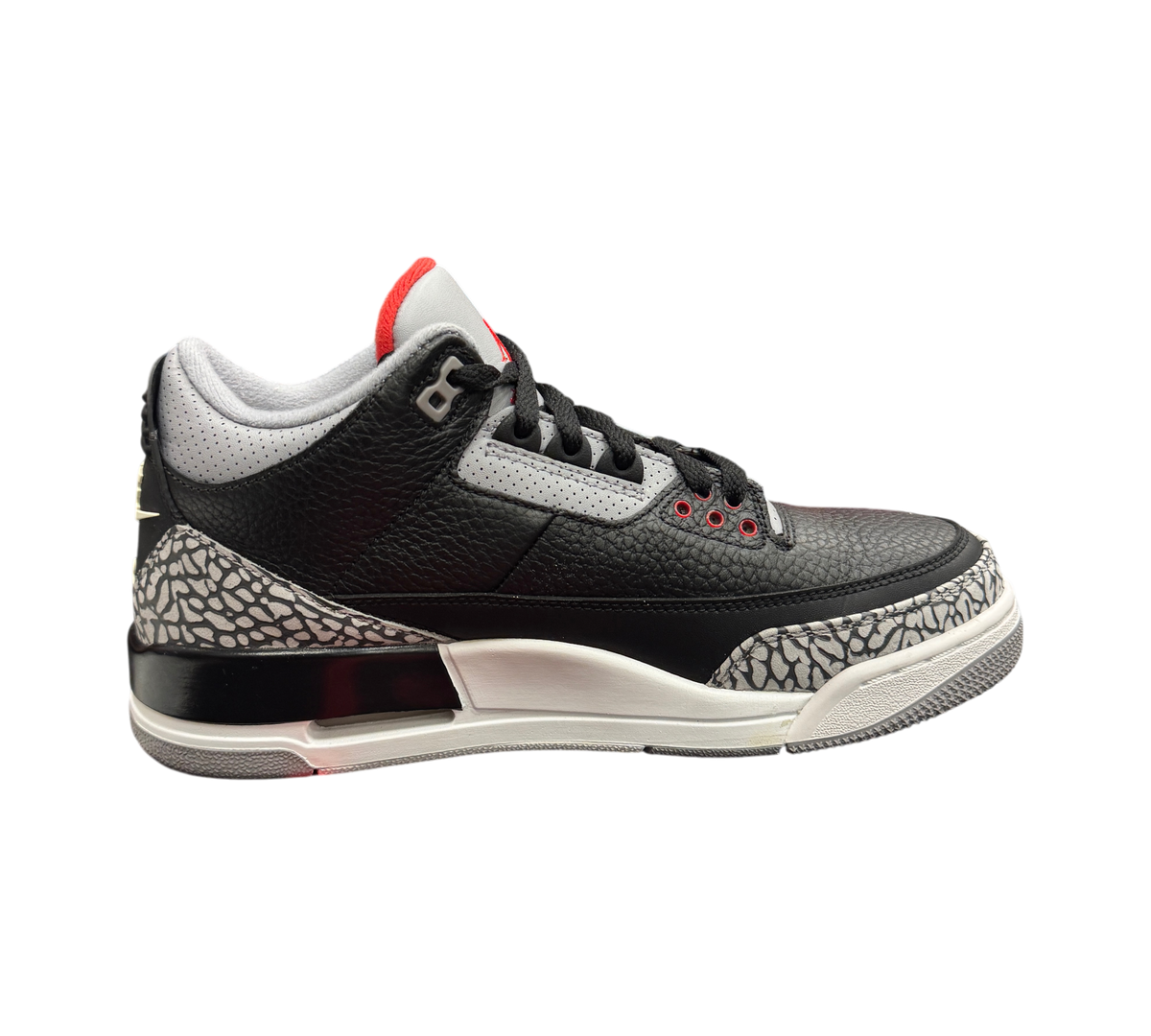 Genesis Boutique Jordan 3 2018 Black Cement sneakers in black leather with iconic grey elephant print overlays.