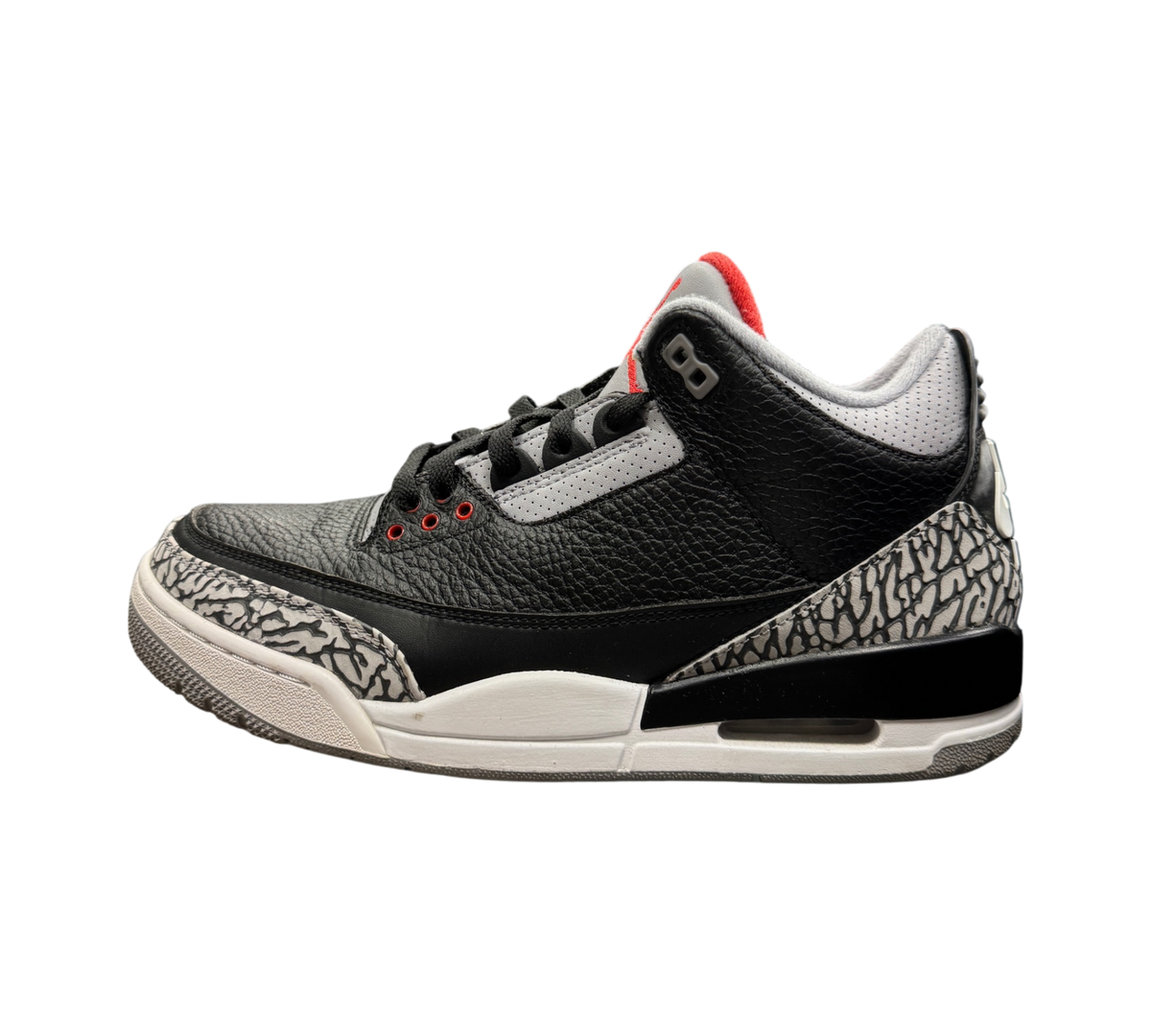 Genesis Boutique Jordan 3 Black Cement 2018 sneakers featuring black leather, grey elephant print, and red accents.
