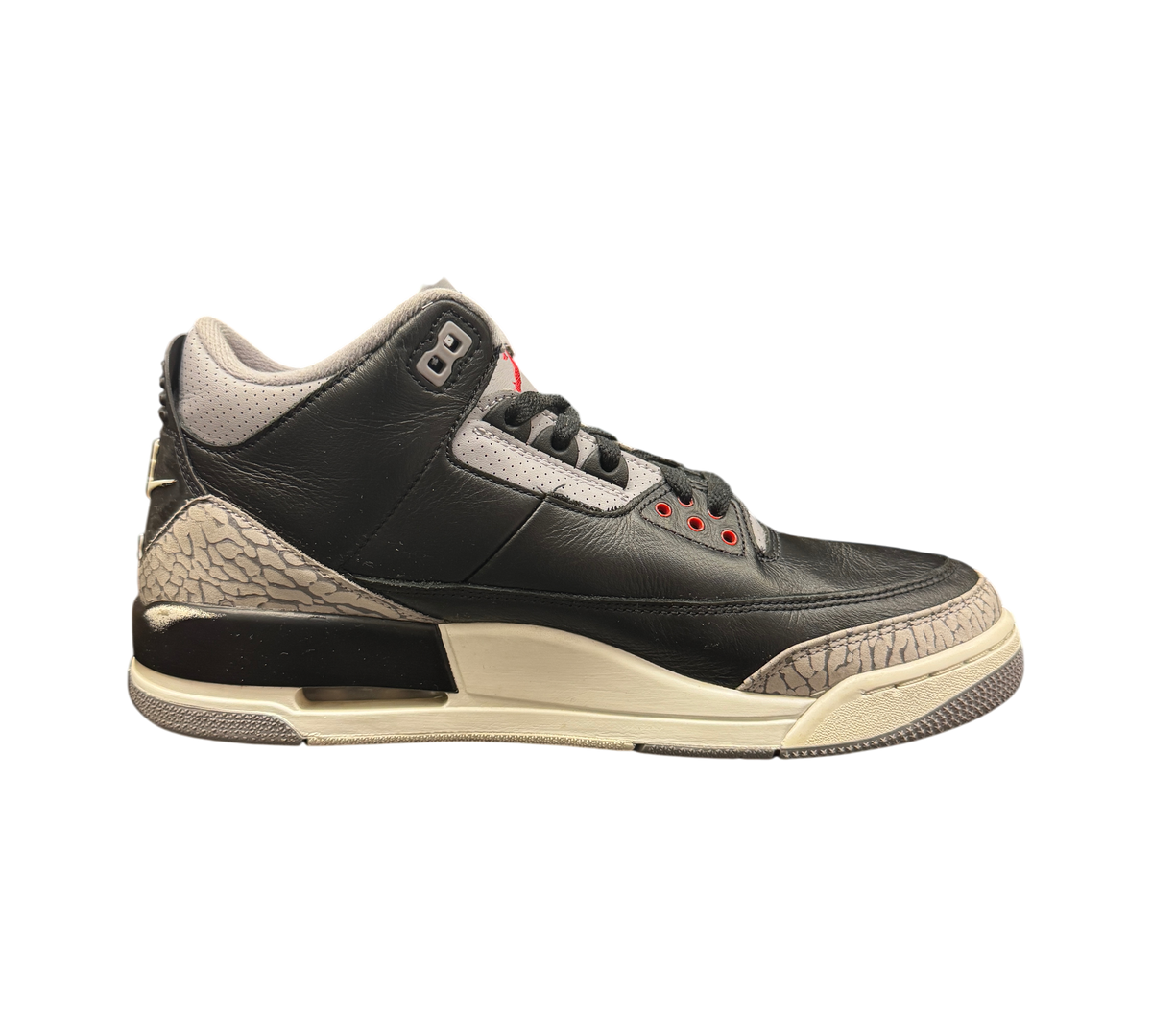 Genesis Boutique Jordan 3 Black Cement sneakers featuring black leather, grey elephant print, and red accents.