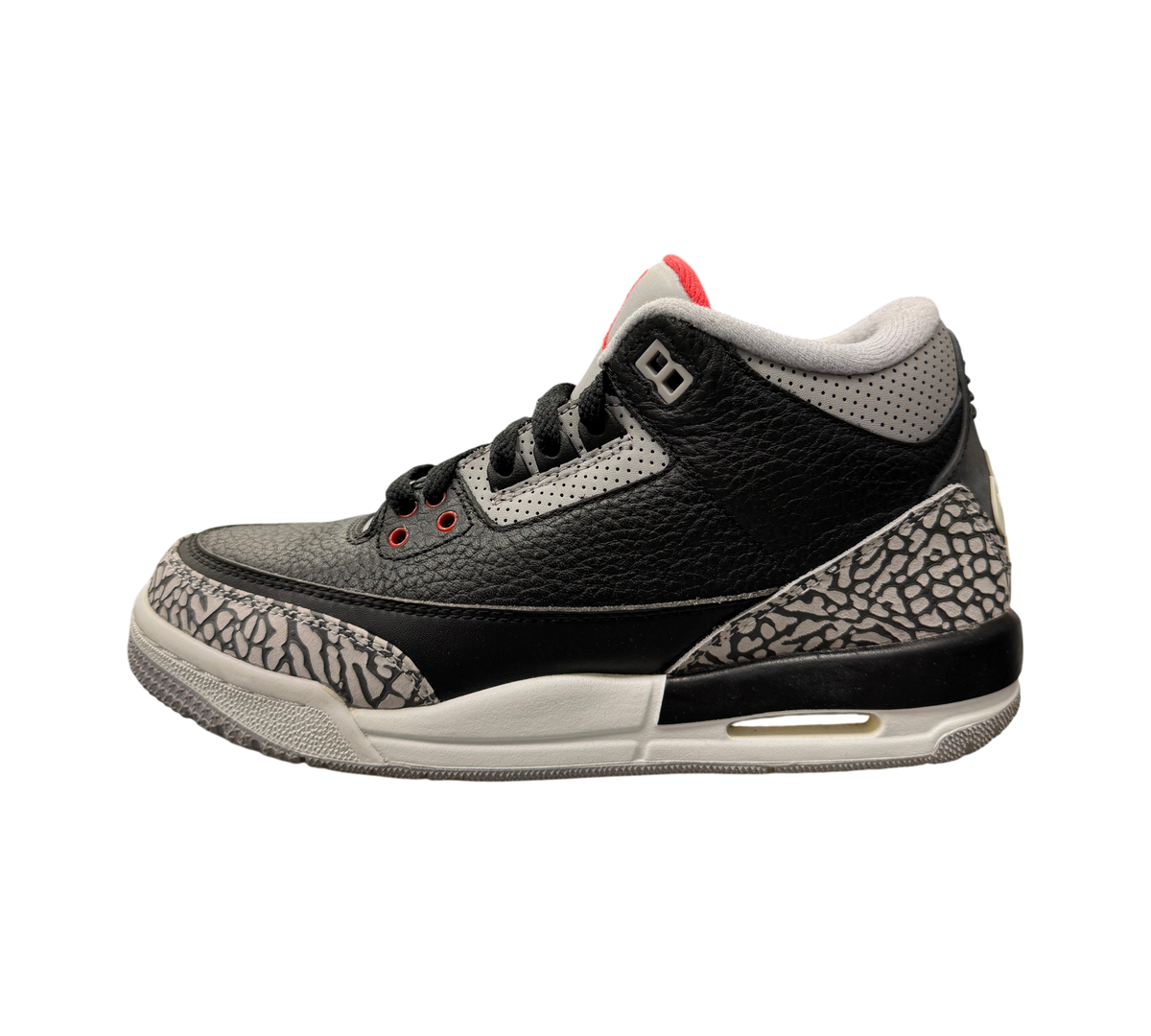 Genesis Boutique Jordan 3 Black Cement sneakers featuring black tumbled leather and iconic grey elephant print overlays.