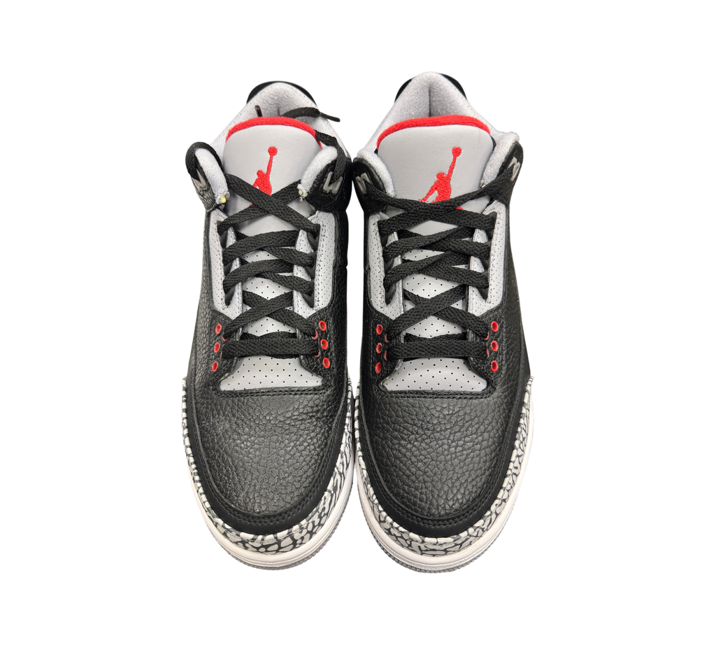 Genesis Boutique Jordan 3 2018 Black Cement sneakers featuring black tumbled leather and iconic grey elephant print.