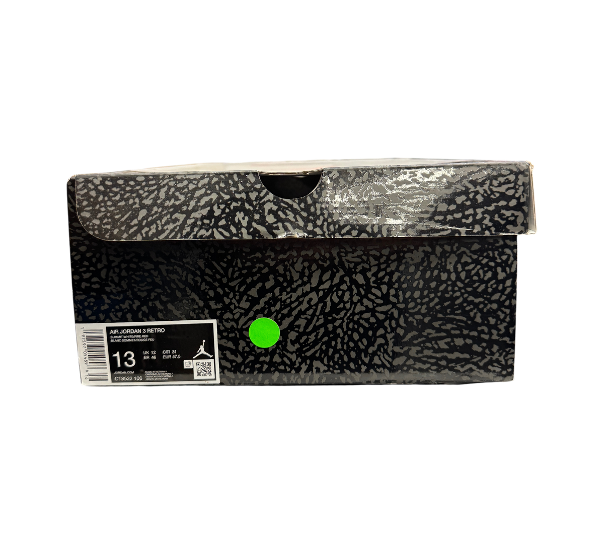 Genesis Boutique Jordan 3 Grey Cement sneaker box with iconic elephant print pattern and size 13 label