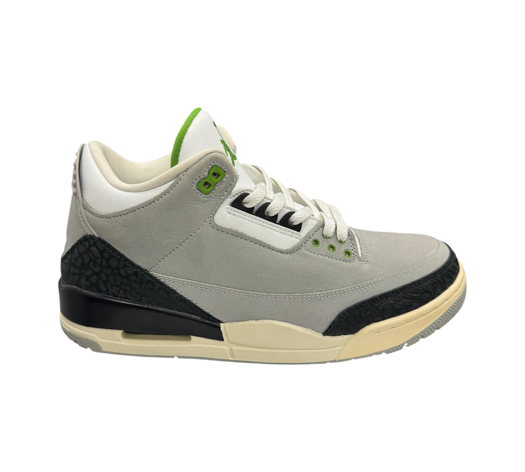 Genesis Boutique Jordan 3 Chlorophyll sneakers in grey suede with black elephant print and green accents