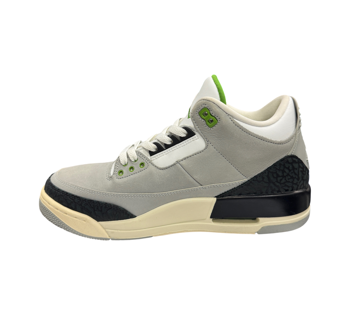 Genesis Boutique pre-owned Jordan 3 Chlorophyll sneakers in grey suede with iconic elephant print and green accents.