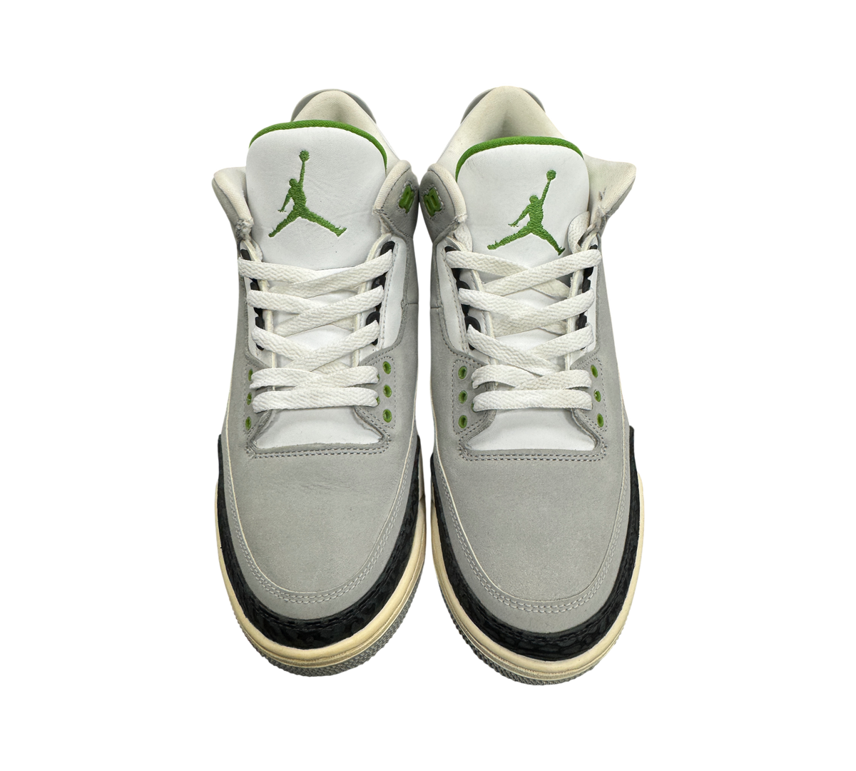 Genesis Boutique pre-owned Jordan 3 Chlorophyll sneakers in grey suede with green accents and iconic elephant print.