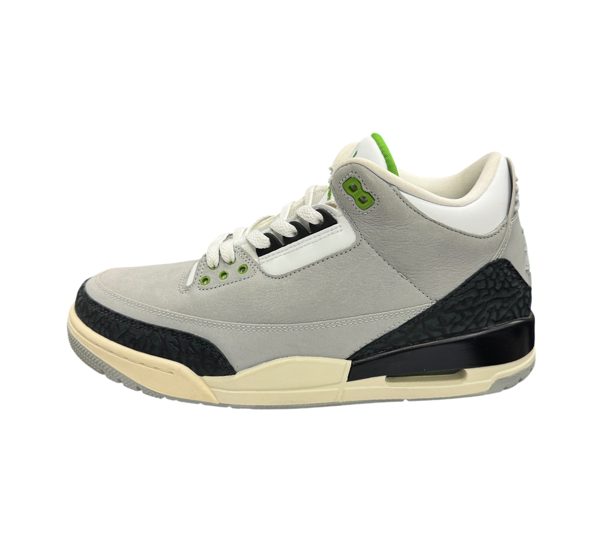 Genesis Boutique pre-owned Jordan 3 Chlorophyll sneakers in grey suede with black elephant print and green accents.
