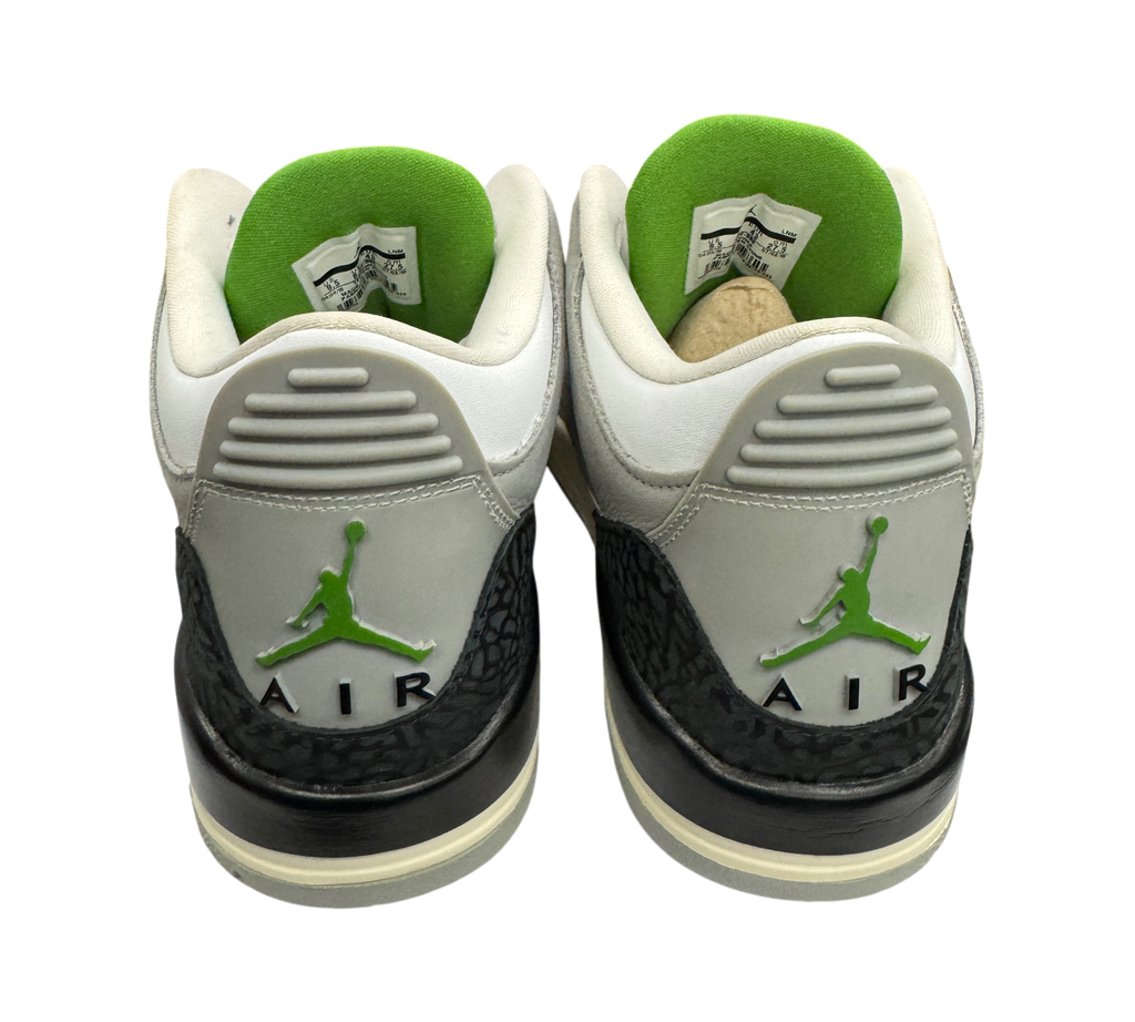 Genesis Boutique pre-owned Jordan 3 Chlorophyll sneakers featuring iconic elephant print and vibrant green accents.
