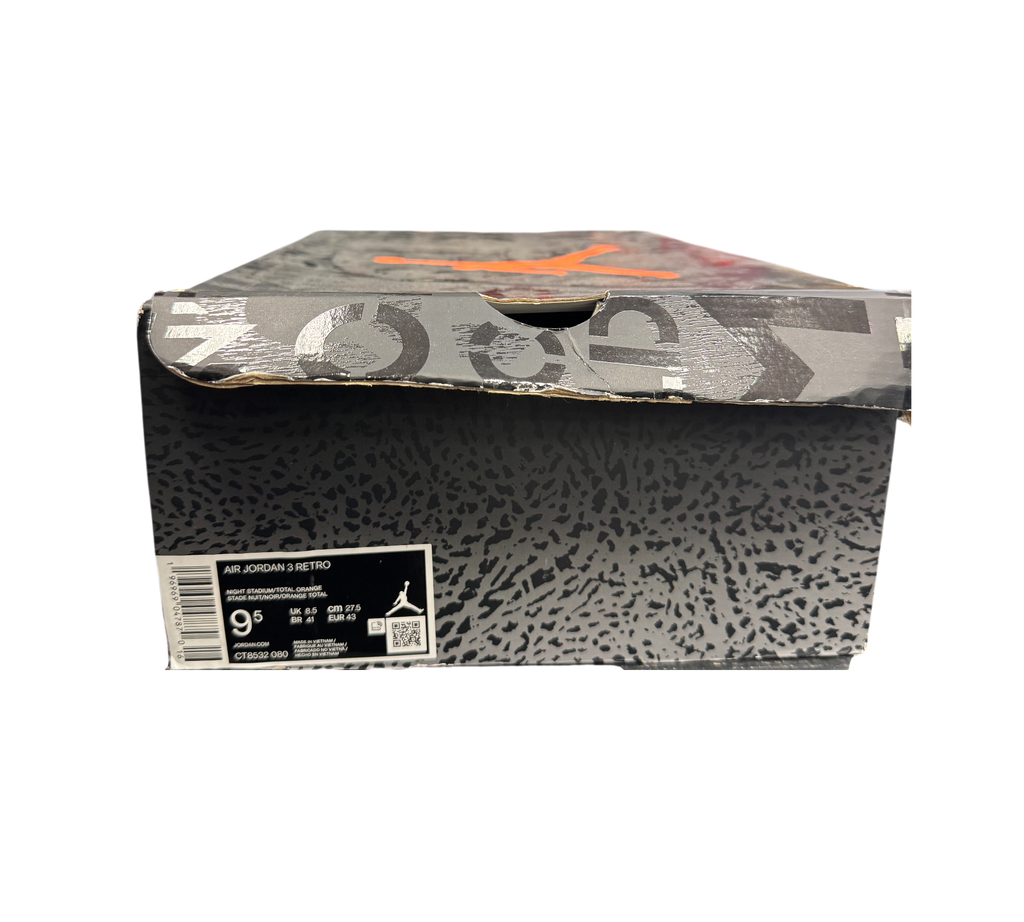 Genesis Boutique Jordan 3 Fear sneaker box with elephant print detail and orange Jumpman logo on lid