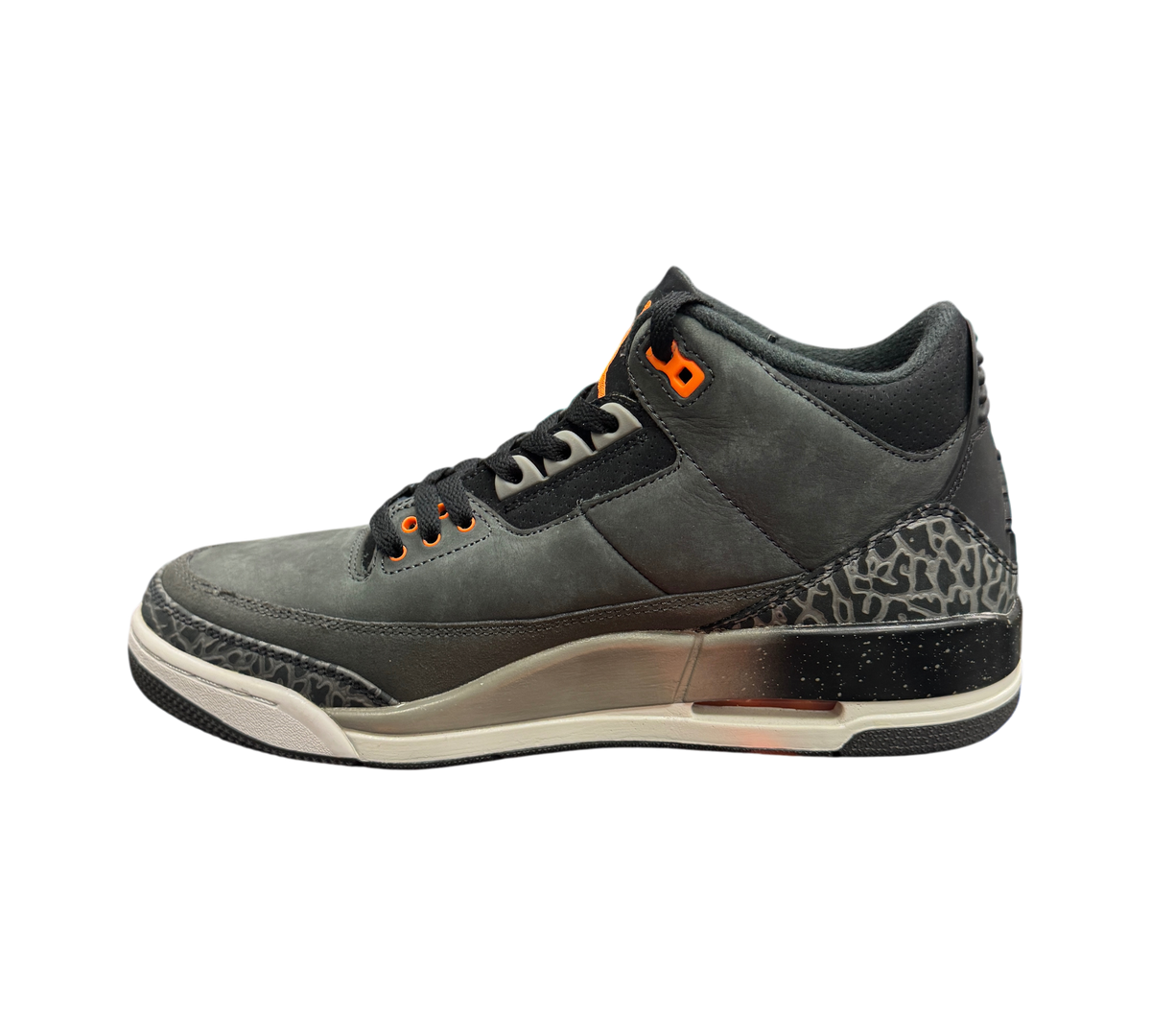 Genesis Boutique Jordan 3 Fear sneakers in dark grey nubuck with iconic elephant print and orange accents