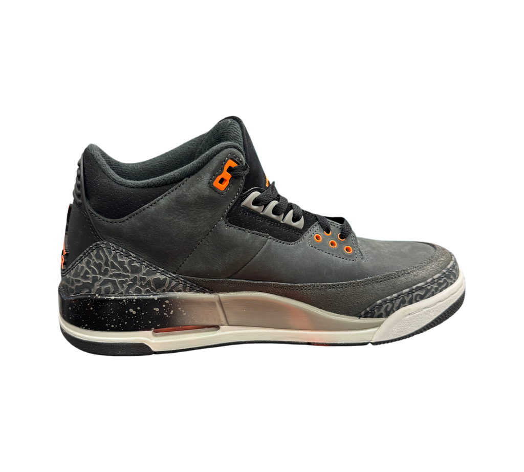 Genesis Boutique pre-owned Jordan 3 Fear sneakers in dark grey nubuck with iconic elephant print and orange accents.