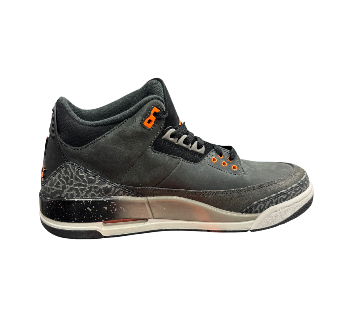 Genesis Boutique pre-owned Jordan 3 Fear sneakers in dark grey nubuck with iconic elephant print and orange accents.