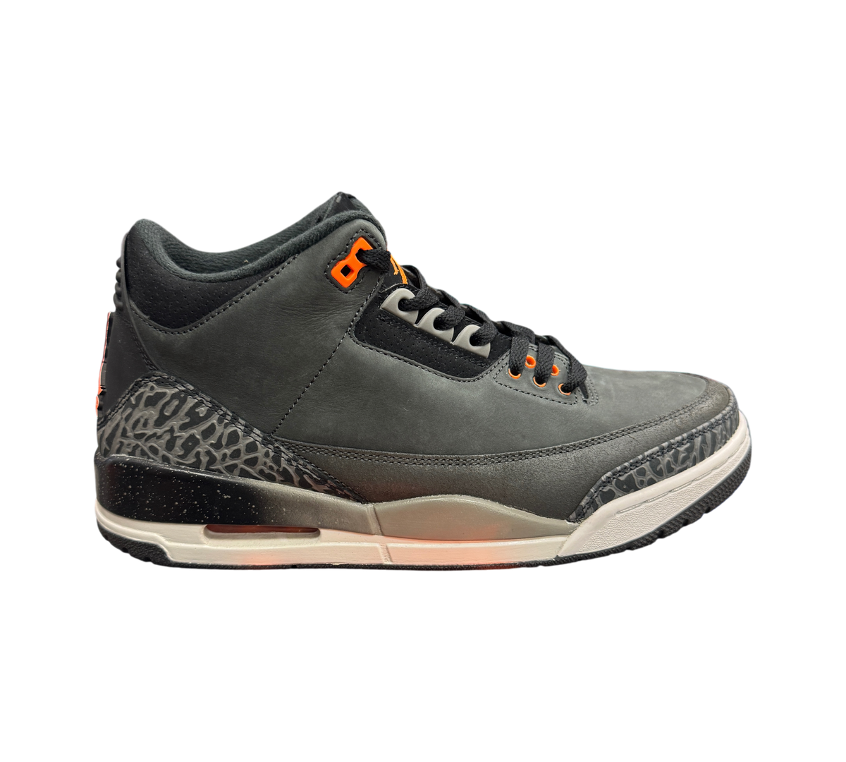 Genesis Boutique Jordan 3 Fear sneakers in dark grey nubuck with iconic elephant print and orange accents