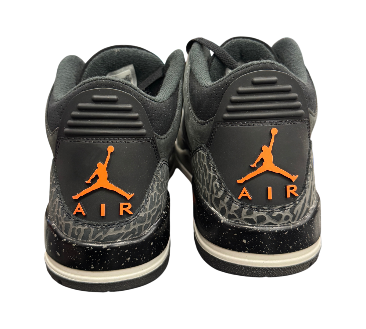 Genesis Boutique pre-owned Jordan 3 Fear sneakers featuring black suede, elephant print, and orange Jumpman branding.