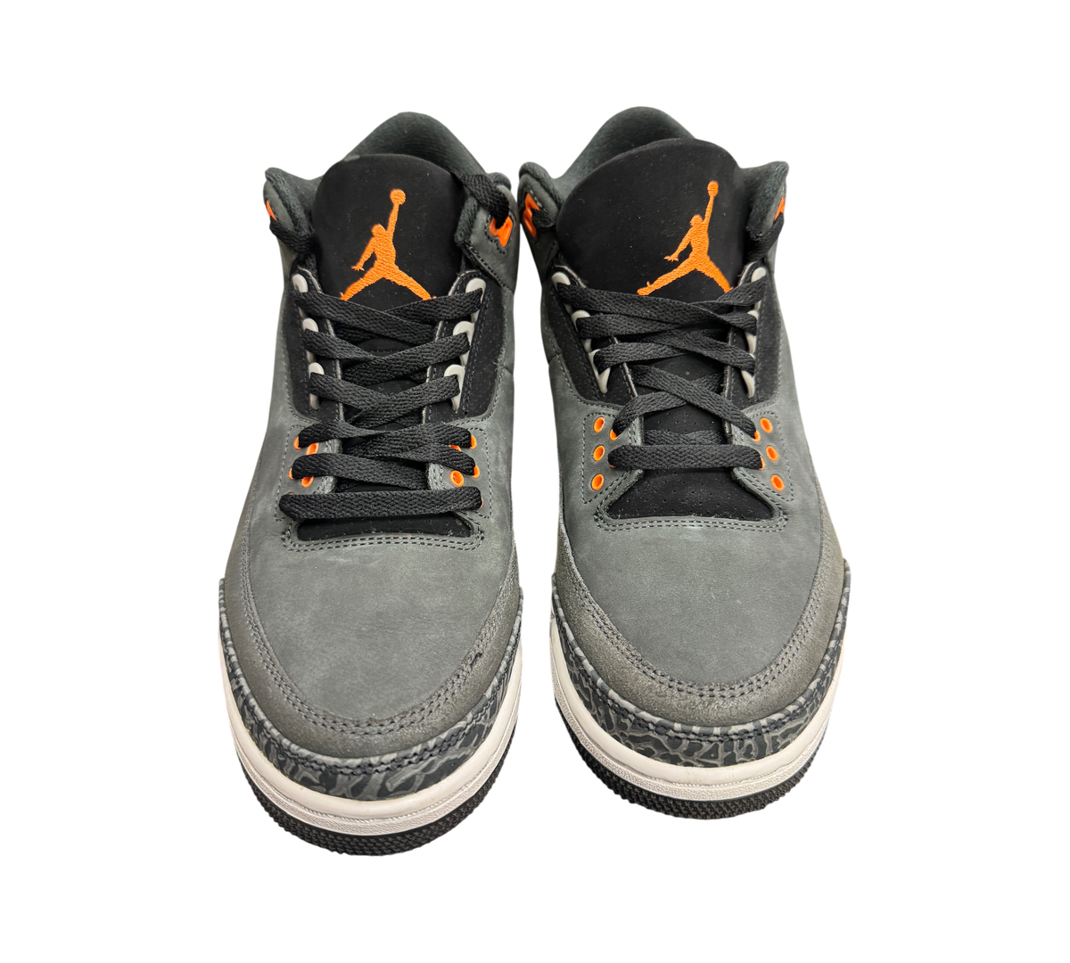 Genesis Boutique pre-owned Jordan 3 Fear sneakers in grey suede with orange Jumpman logo and iconic elephant print