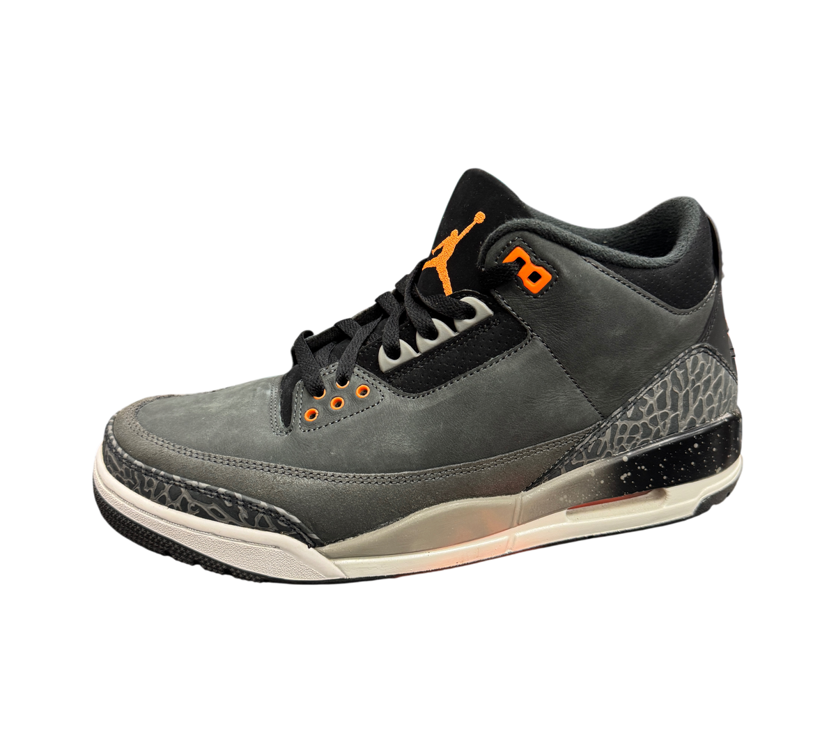 Genesis Boutique pre-owned Jordan 3 Fear sneakers in dark grey nubuck with iconic elephant print and orange accents.