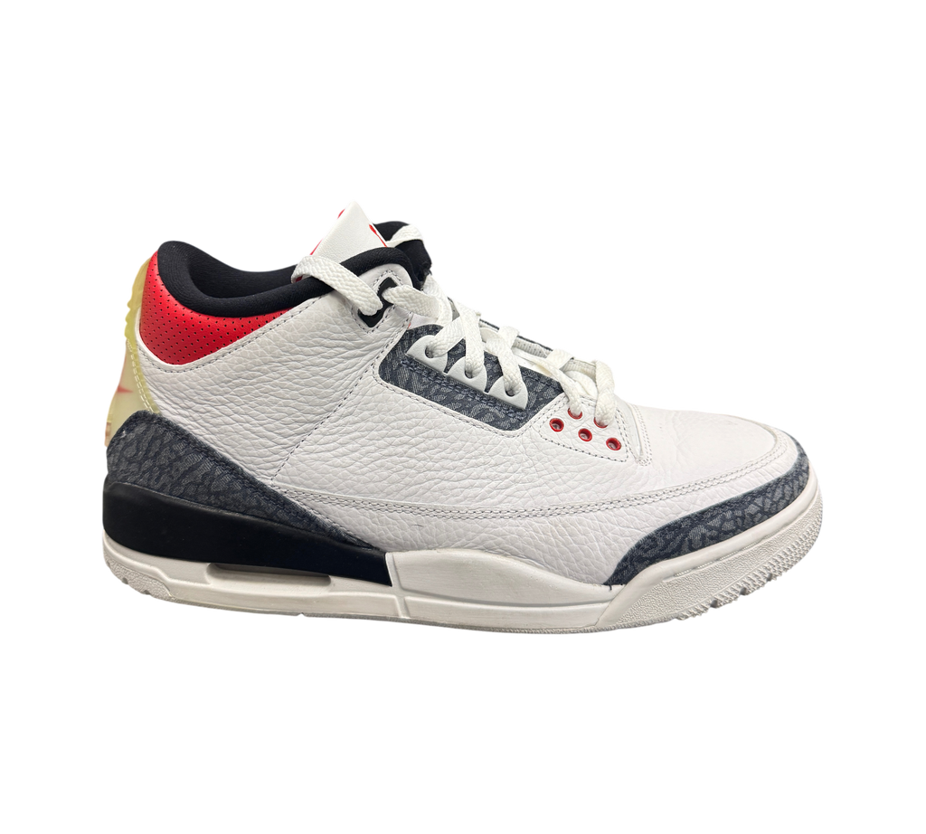 Genesis Boutique pre-owned Jordan 3 Fire Red Denim sneakers featuring white leather and iconic elephant print details.
