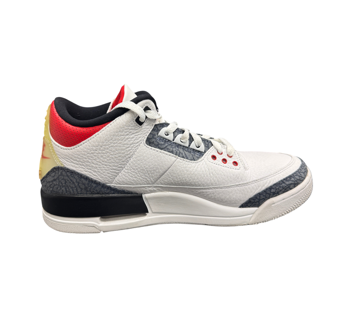 Genesis Boutique pre-owned Jordan 3 Fire Red Denim sneakers featuring white leather and iconic elephant print overlays.