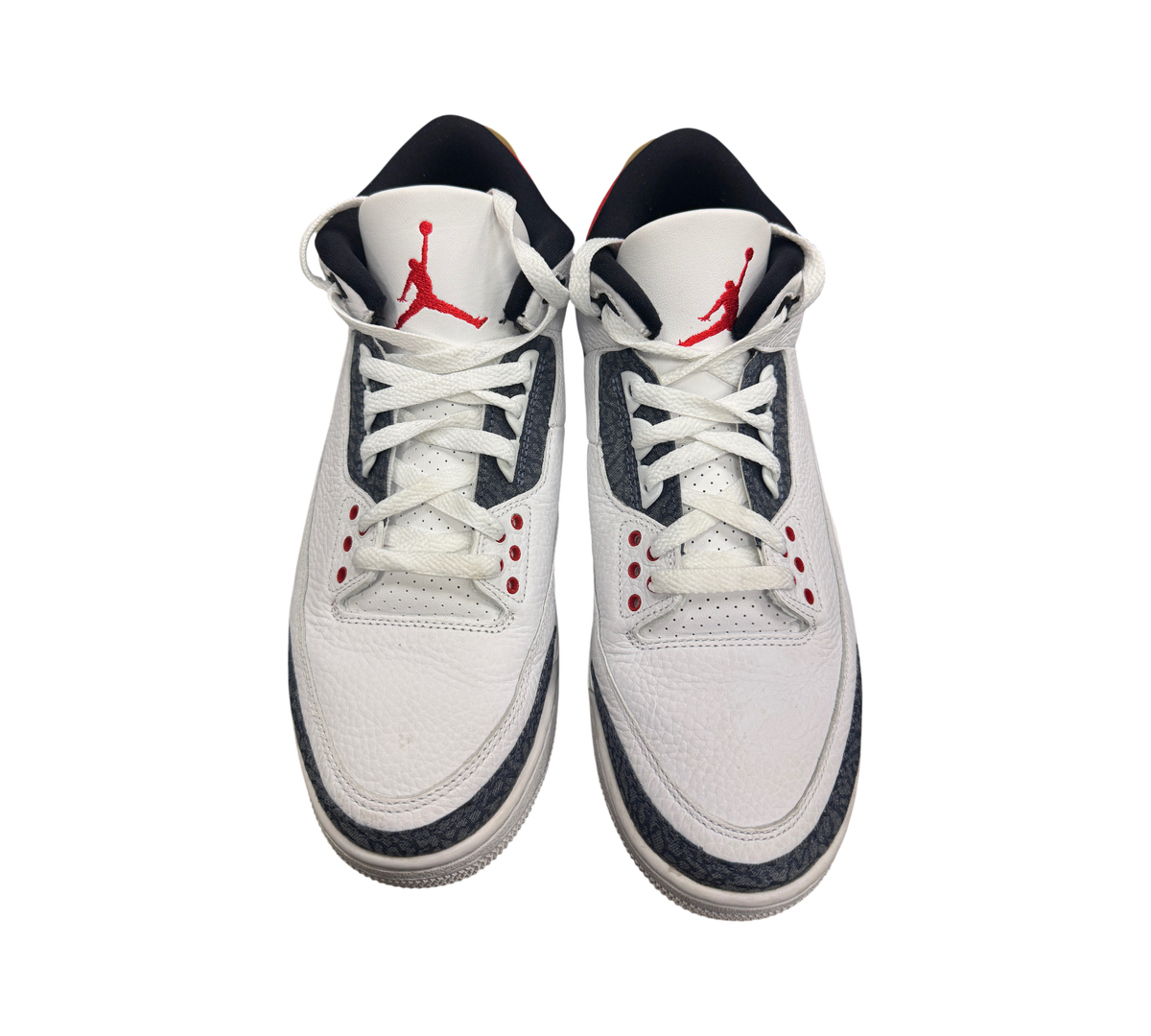 Genesis Boutique pre-owned Jordan 3 Fire Red Denim sneakers with white leather and dark denim elephant print overlays.