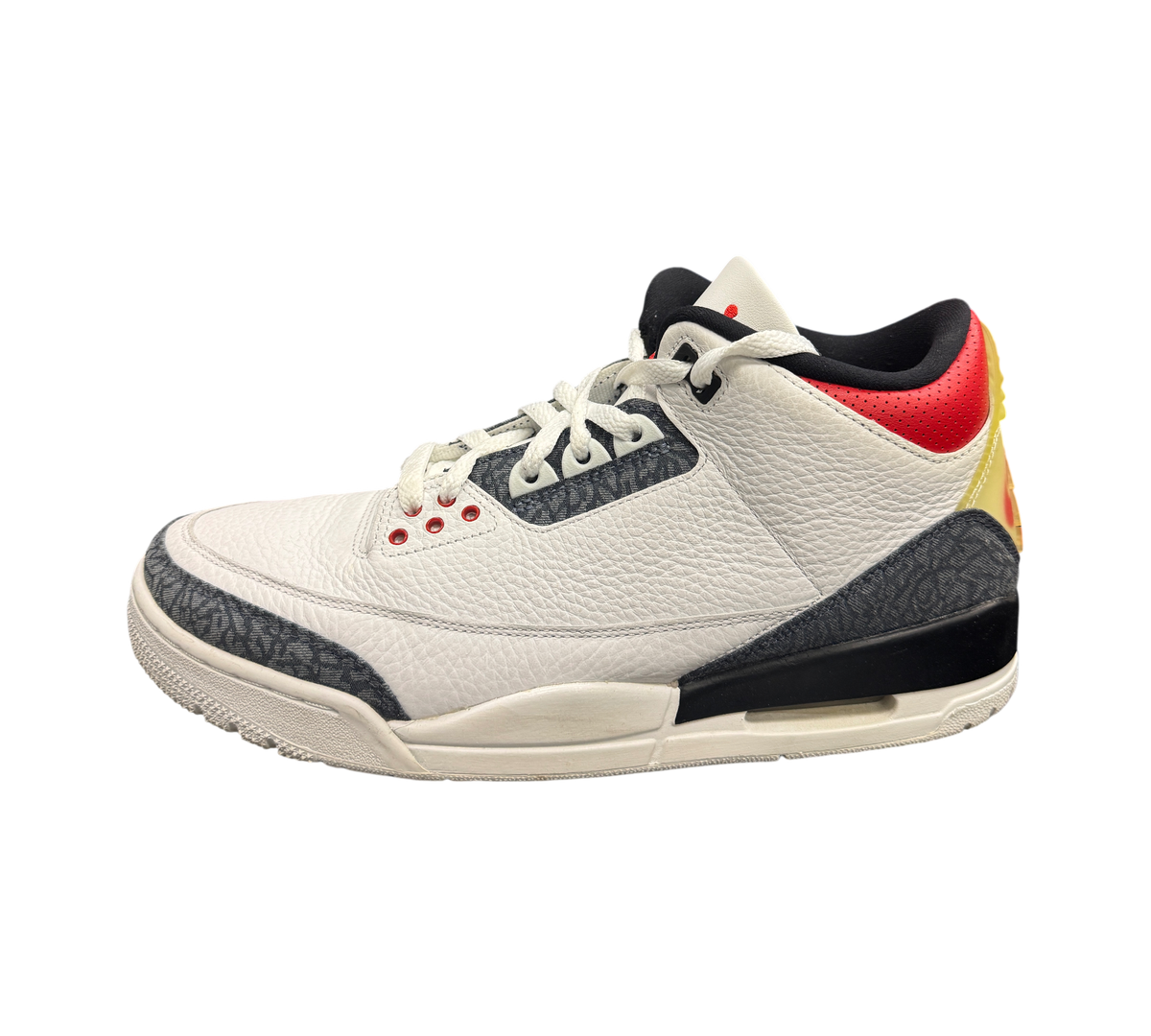 Genesis Boutique Jordan 3 Fire Red Denim sneakers featuring white leather, denim elephant print, and red accents.