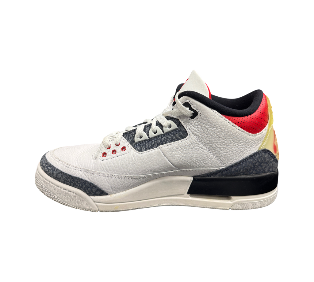 Genesis Boutique pre-owned Jordan 3 Fire Red Denim sneakers featuring white leather and grey elephant print overlays.