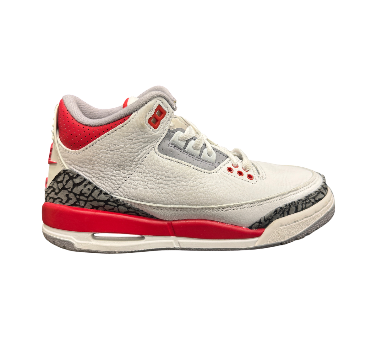 Genesis Boutique used Jordan 3 GS Fire Red sneakers in white leather with iconic elephant print and red accents.