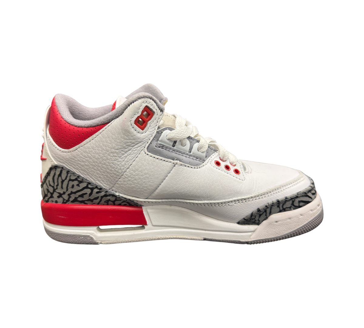 Genesis Boutique Jordan 3 GS Fire Red sneakers in white leather with iconic elephant print and red accents.