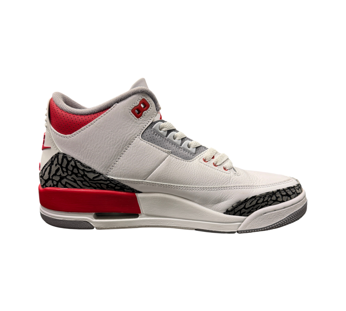Genesis Boutique pre-owned Jordan 3 Fire Red sneakers in white leather with iconic grey elephant print and red accents.